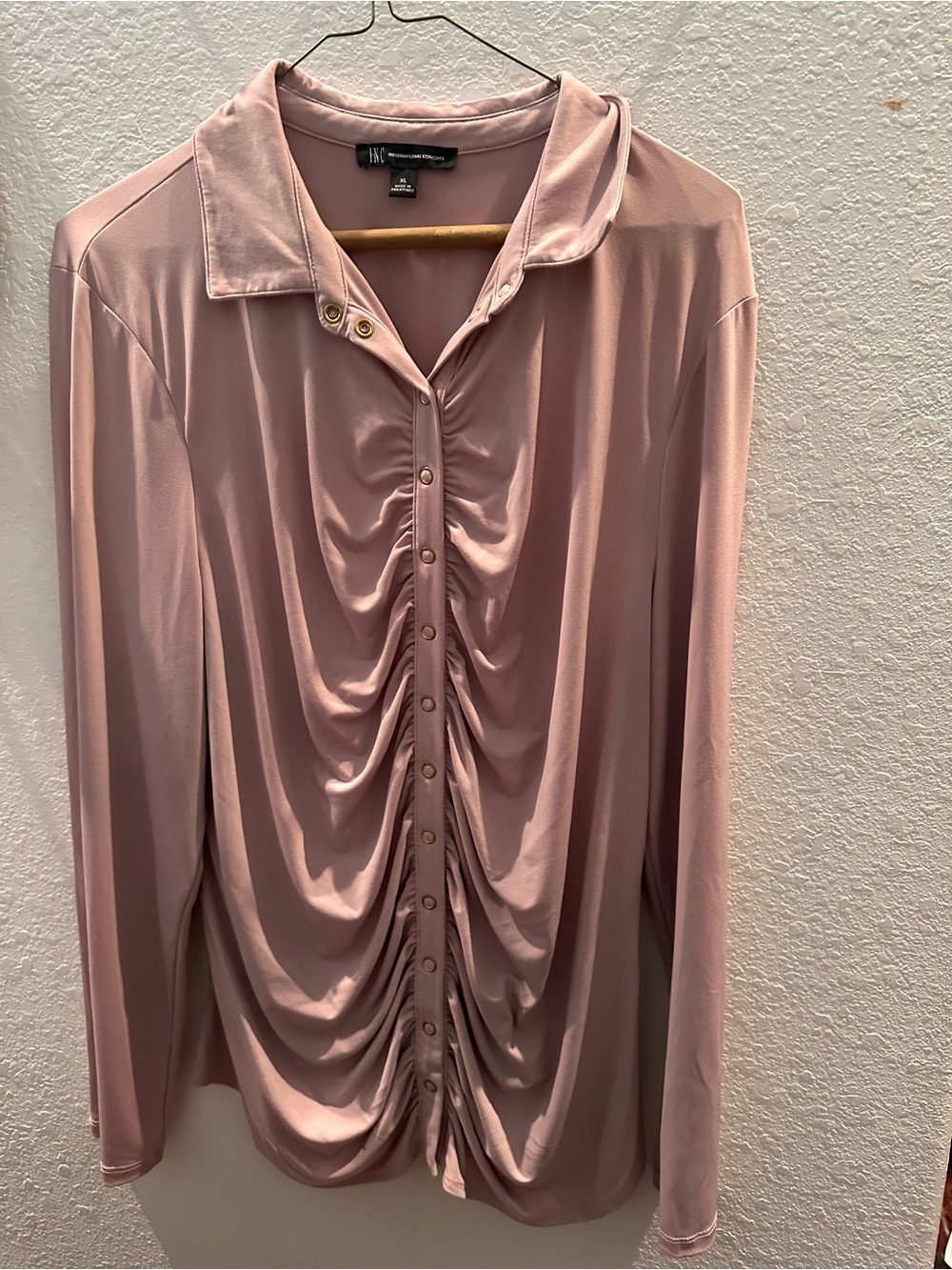 INC International Concepts Dusty Pink Ruched Button-Front Long Sleeve Top